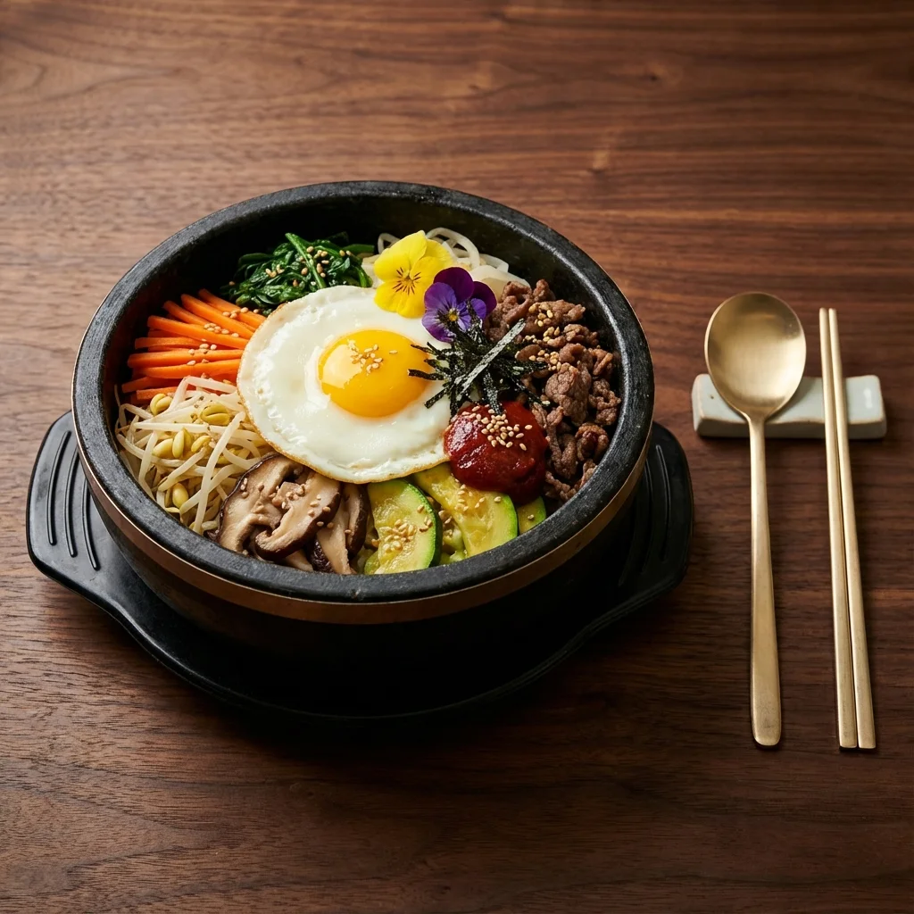 Buntes Bibimbap in traditioneller Steinschale - Reis mit Gemüse, Ei und Gochujang Sauce